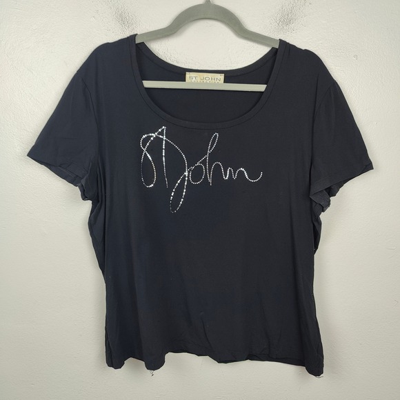 St. John Collection Top Womens Large Black Rhinestone Logo Preppy Old Money - Picture 1 of 9